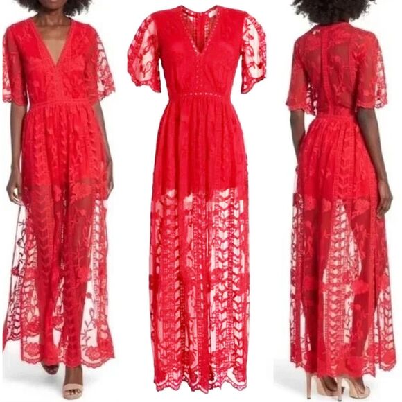 Socialite Red Lace Overlay Maxi Romper Dress (XL) Vacation Garden Wedding Party - Picture 1 of 15